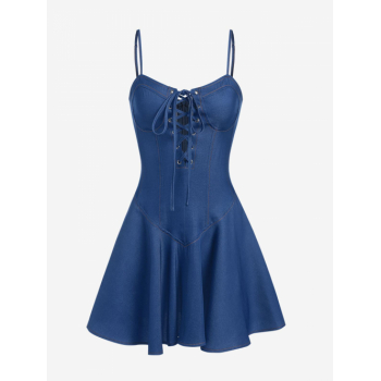 Mini Dress ZAFUL Cami Lace Up Bustier Chambray Mini Dress M Blue