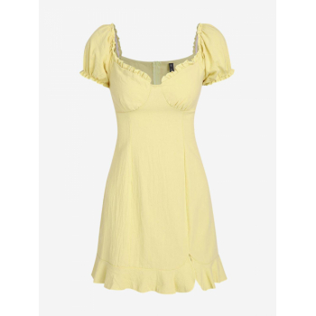 Casual ZAFUL Ruffle Puff Sleeve Sweetheart Slit Dress S Light yellow