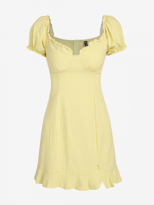 Casual ZAFUL Ruffle Puff Sleeve Sweetheart Slit Dress S Light yellow