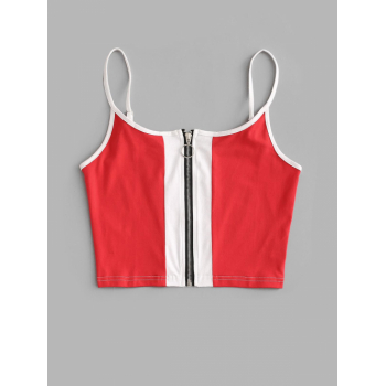 Women Tank Tops Two Tone Pull Ring Zip Cami Top L Red