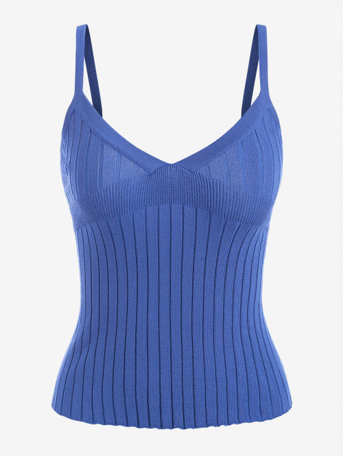 Women Tank Tops Rib Knit Slim Cami Top L Blue