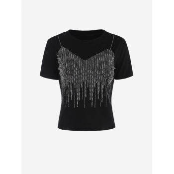 Fashion Women Tees Rhinestones Slim Short Tee L Black