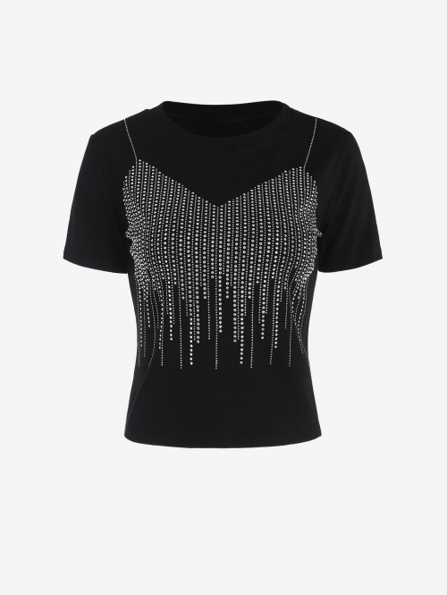 Fashion Women Tees Rhinestones Slim Short Tee L Black