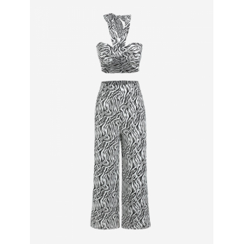 Women Two-Piece Swirl Print Twisted Wide Leg Pants Set S Black