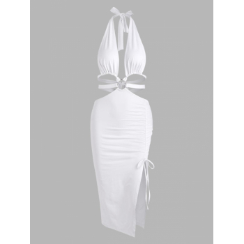 Bodycon Dress Halter O Ring Midriff Flossing Split Dress S White