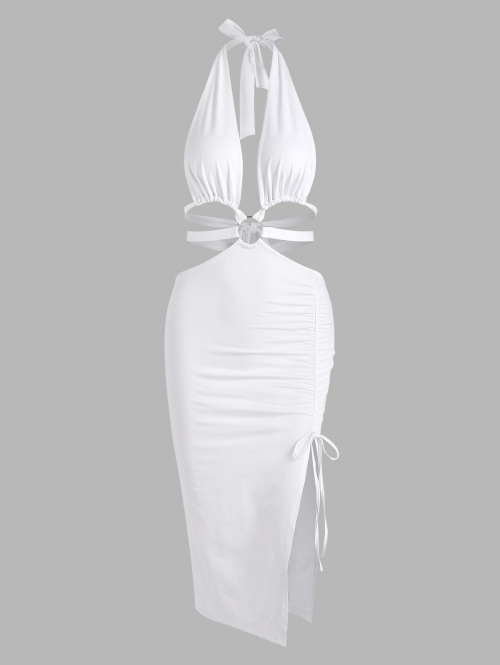 Bodycon Dress Halter O Ring Midriff Flossing Split Dress S White