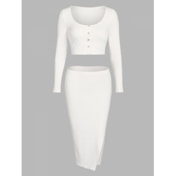 ZAFUL Ribbed Loop Button Thigh Split Skirt Set M White