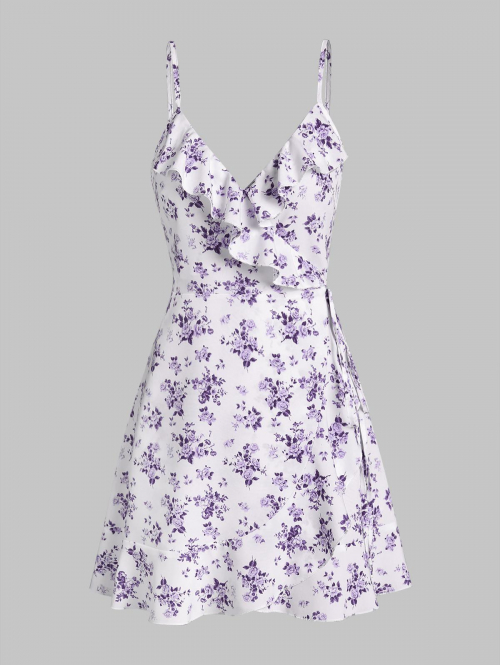 Mini Dress ZAFUL Ditsy Floral Ruffles Cami Wrap Mini Dress S Light purple