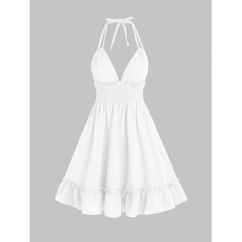 Mini Dress Halter Smocked Flounce Babydoll Dress M White