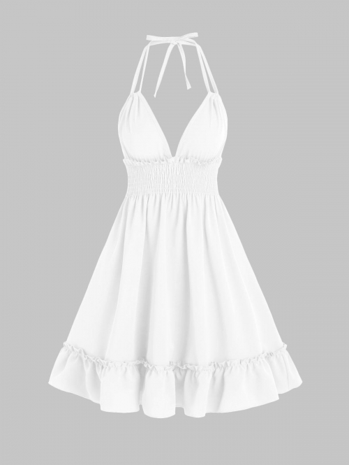 Mini Dress Halter Smocked Flounce Babydoll Dress M White