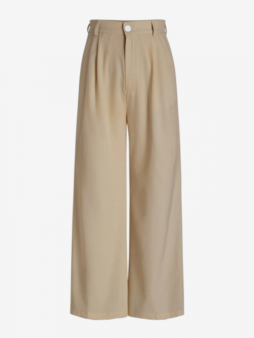 Pleated Slant Pockets Wide Leg Pants L Coffee