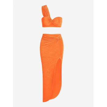 ZAFUL Matching Twist One Shoulder Jersey Top and Thigh High Split Skirt Set M Orange