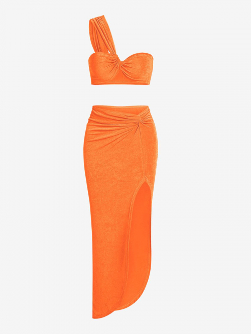 ZAFUL Matching Twist One Shoulder Jersey Top and Thigh High Split Skirt Set M Orange