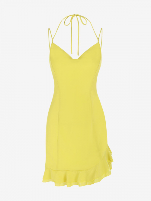 Bodycon Dress Ruffle Hem Cowl Front Mini Dress S Yellow