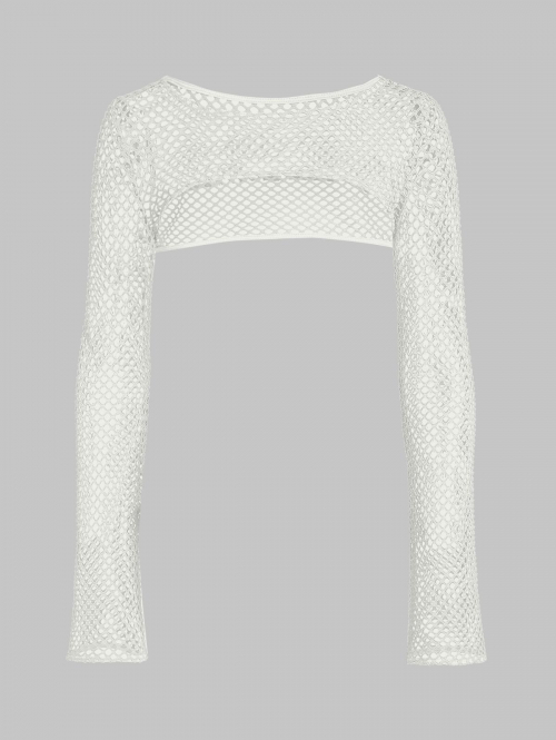 Fashion Women Tees ZAFUL Long Sleeve Sheer Fishnet Shrug Top M White