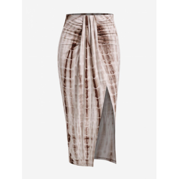 ZAFUL Thigh High Slit Tie Dye Draped Ruched Midi Skirt M Coffee