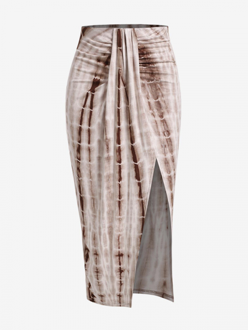 ZAFUL Thigh High Slit Tie Dye Draped Ruched Midi Skirt M Coffee