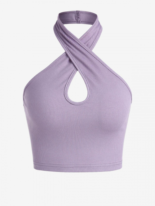 Women Tank Tops ZAFUL Criss Cross Halter Ribbed Cutout Crop Tank Top M Light purple