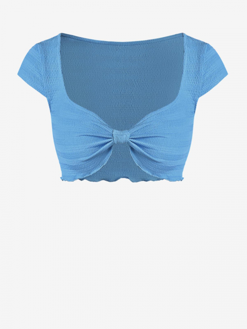 Fashion Women Tees ZAFUL Knotted Sweetheart Neck Textured Cropped Top M Light blue