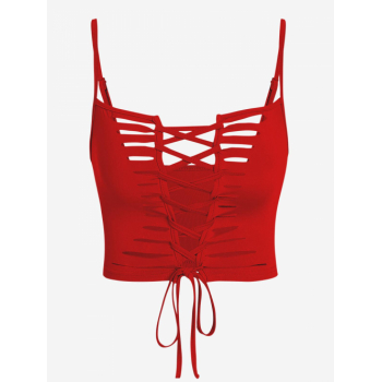 Women Tank Tops ZAFUL Ripped Cut Out Lace Up Crop Cami Top S Red