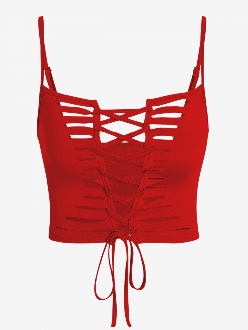 Women Tank Tops ZAFUL Ripped Cut Out Lace Up Crop Cami Top S Red