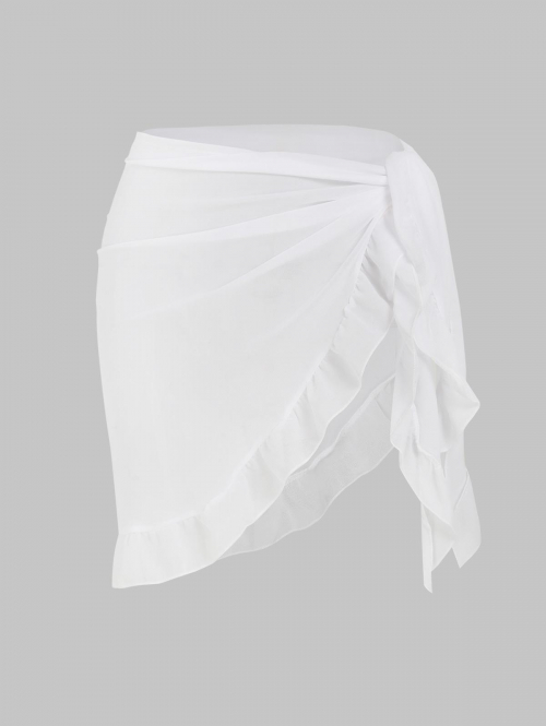 Semi-sheer Ruffles Tie Side Cover Up Beach Sarong Skirt White