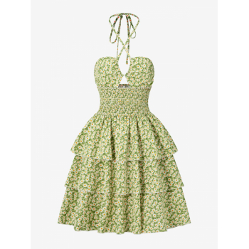 Mini Dress ZAFUL Open Back Layered Daisy Floral Shirred Criss Cross Halter Mini Dress M Light green