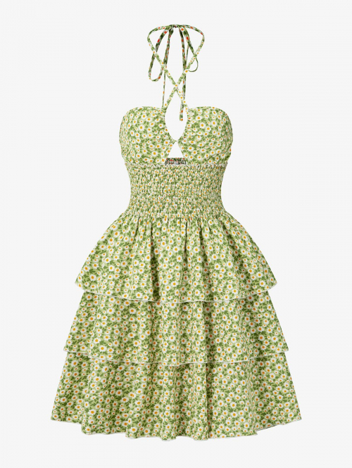 Mini Dress ZAFUL Open Back Layered Daisy Floral Shirred Criss Cross Halter Mini Dress M Light green