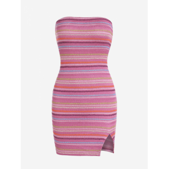 Mini Dress ZAFUL Rainbow Zig Zag Knitted Slit Mini Tube Dress L Light pink