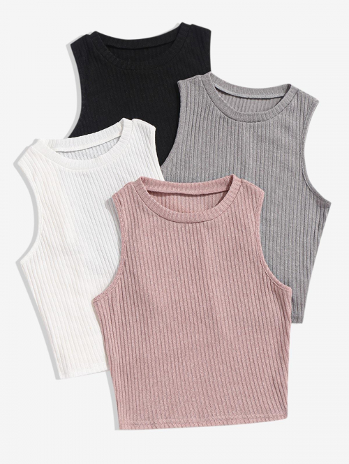 Women Tank Tops 4 Pcs Solid Color Ribbed Knit Tank Top L