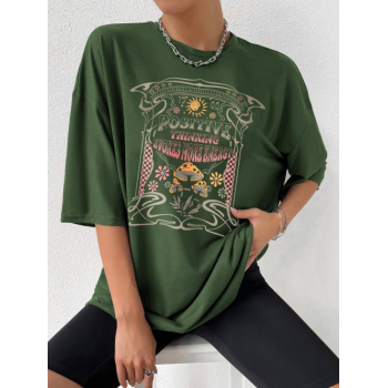 Fashion Women Tees Letter Mushroom Sun Floral Graphic Printed Oversized Short Sleeve T-shirt L Green