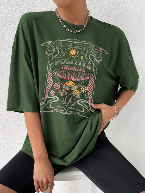 Fashion Women Tees Letter Mushroom Sun Floral Graphic Printed Oversized Short Sleeve T-shirt L Green