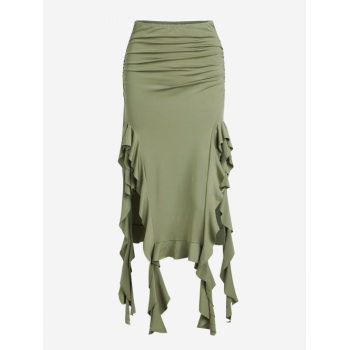 ZAFUL Ruched Ruffle Slit Asymmetric Skirt M Light green