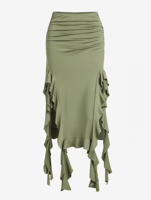 ZAFUL Ruched Ruffle Slit Asymmetric Skirt M Light green