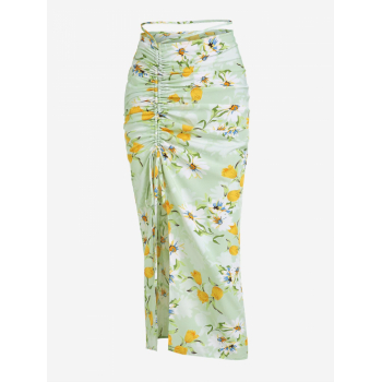 ZAFUL Thigh High Slit Floral Cinched Front Midi Skirt L Light green