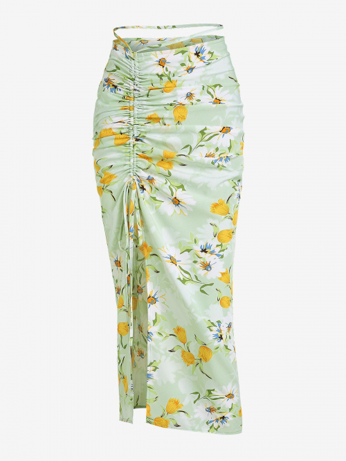 ZAFUL Thigh High Slit Floral Cinched Front Midi Skirt L Light green