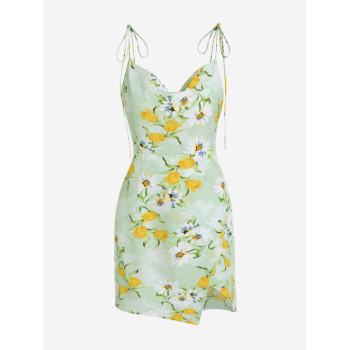 Mini Dress ZAFUL Cowl Front Overlap Cami Tie Shoulder Floral Mini Dress M Light green