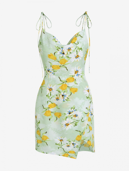 Mini Dress ZAFUL Cowl Front Overlap Cami Tie Shoulder Floral Mini Dress M Light green