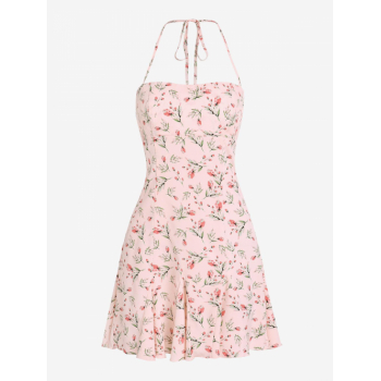 Mini Dress ZAFUL Floral Print Halter Backless Mini Godet Dress L Light pink