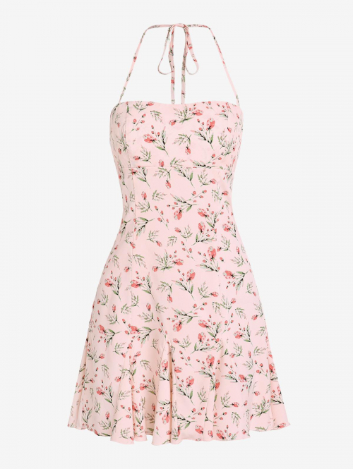 Mini Dress ZAFUL Floral Print Halter Backless Mini Godet Dress L Light pink