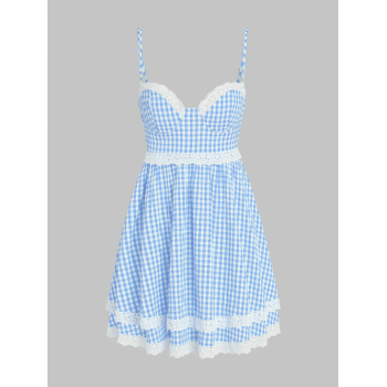 Print ZAFUL Cami Eyelet Trim Gingham Bustier Lace Up Back Mini Dress M Light blue