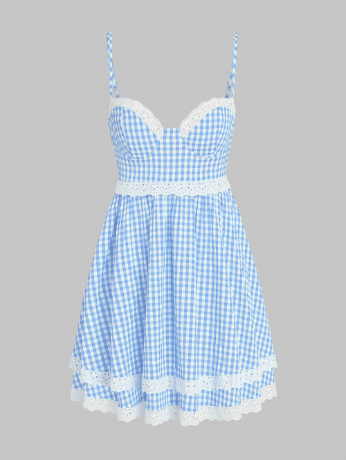 Print ZAFUL Cami Eyelet Trim Gingham Bustier Lace Up Back Mini Dress M Light blue