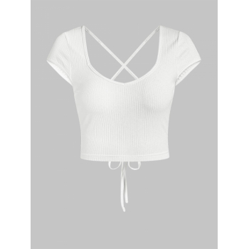 Fashion Women Tees ZAFUL Ribbed Criss Cross Tie Open Back Crop Tee M White