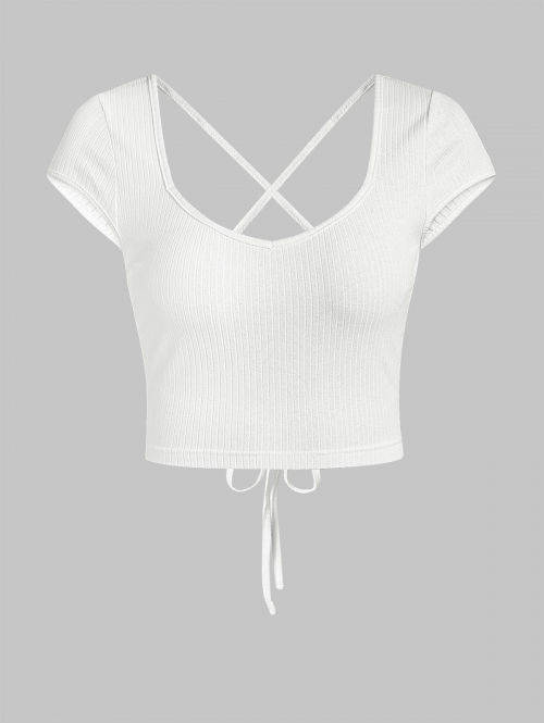 Fashion Women Tees ZAFUL Ribbed Criss Cross Tie Open Back Crop Tee M White