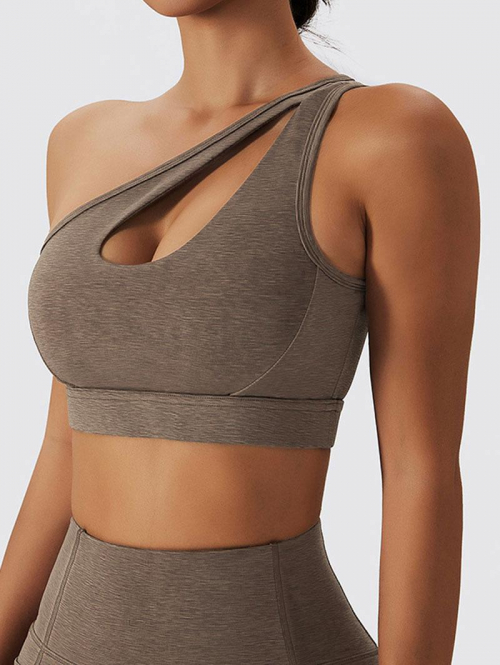 ZAFUL Women's Sportswear One Shoulder Cutout Padded Cropped Yoga Sports Gym Bra M Deep coffee