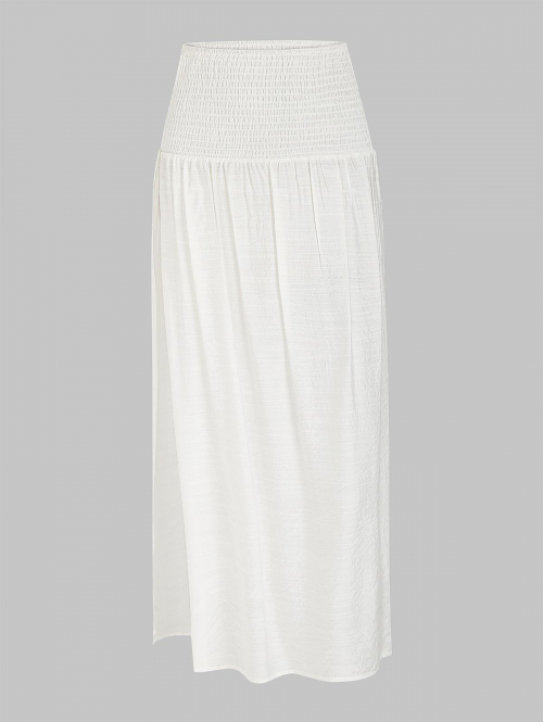 Thigh High Slit Shirred Waist Beach Vacation Maxi Skirt M White