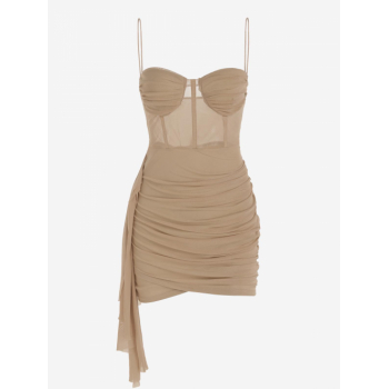 Bodycon Dress Sheer Mesh Bustier Draped Ruched Cami Mini Vegas Dress S Coffee