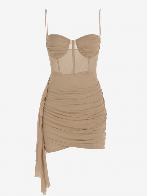 Bodycon Dress Sheer Mesh Bustier Draped Ruched Cami Mini Vegas Dress S Coffee