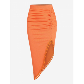 ZAFUL Ribbed Tassel Ruched Midi Asymmetric Skirt M Orange