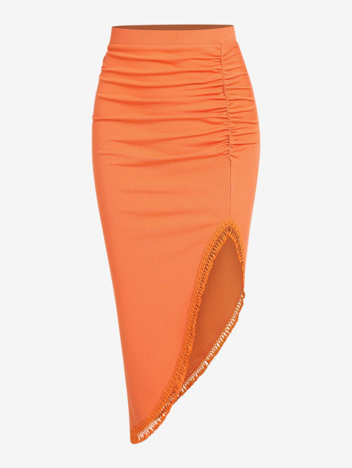 ZAFUL Ribbed Tassel Ruched Midi Asymmetric Skirt M Orange